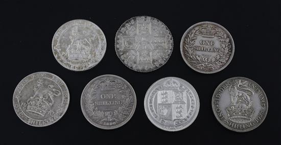 Seven George III to George V shillings;